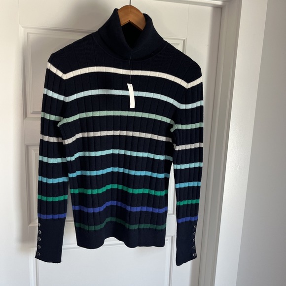 Talbots Sweaters - TALBOTS Blue Green Stripe Ribbed Turtleneck Sweater Button Cuff S New Nautical